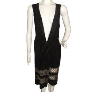 POL Swim Cover, L, Deep V, Distressed black, Crochet Trim, Drawstring/Tie front